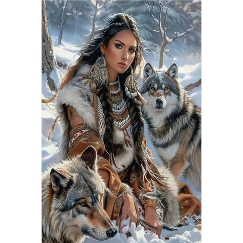 5D Diamond Painting Kit with Tools Unframed Native American Girl and Wolves Design DIY Craft Supplies for Home Wall Decor Living Room Bedroom Art Gift Handicraft