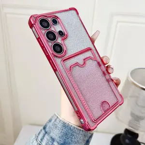 Gradient Glitter Card Bag Clear Plating Case For Samsung S25 S24 S23 S22 Ultra Plus A55 A35 A25 A54 A15 A14 A24 Shockproof Cover