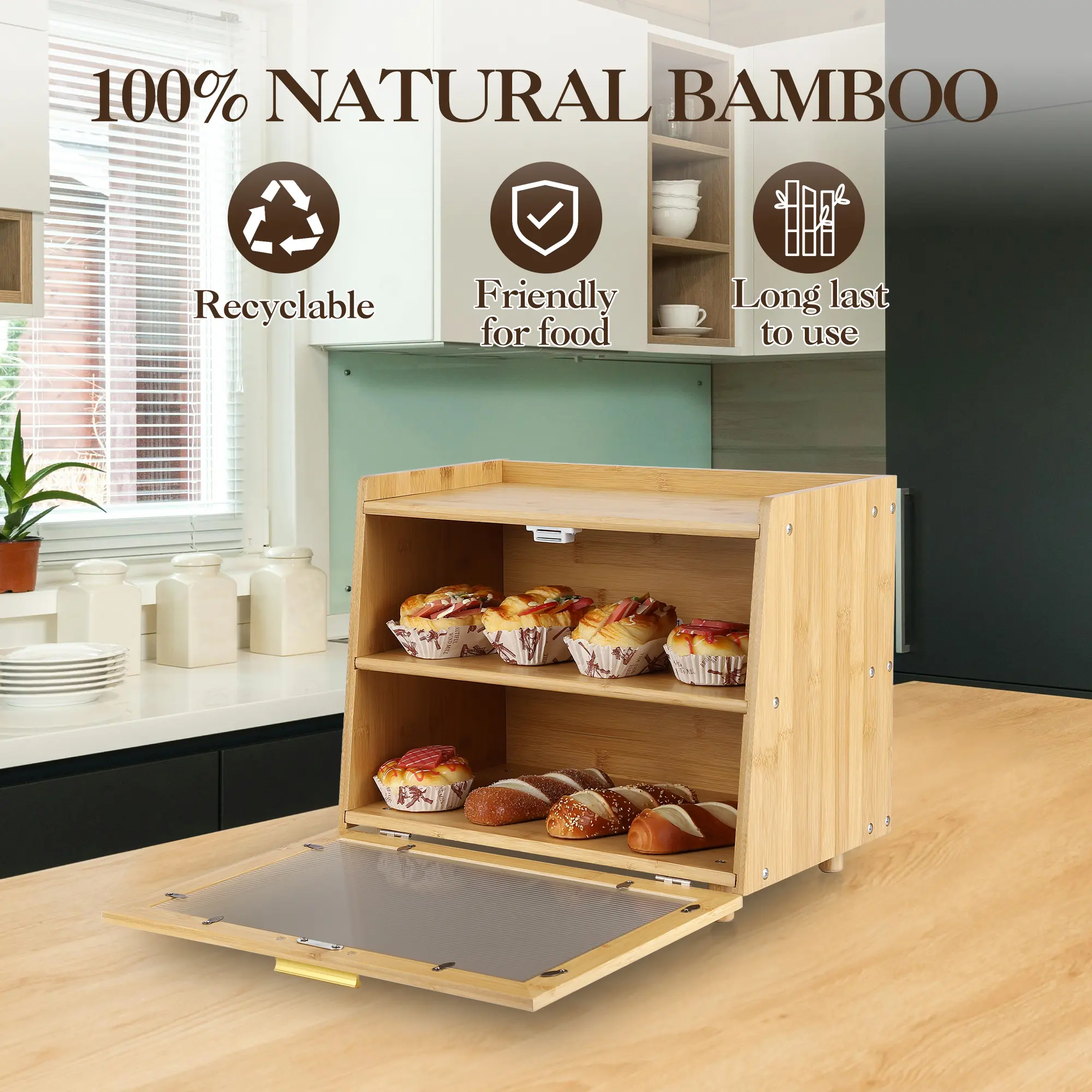 Double Layer Wooden Food Container for Kitchen Countertop – Large Farmhouse Food Storage with Window – Airtight Bread Holder for Homemade Bread, Rolls, Muffins