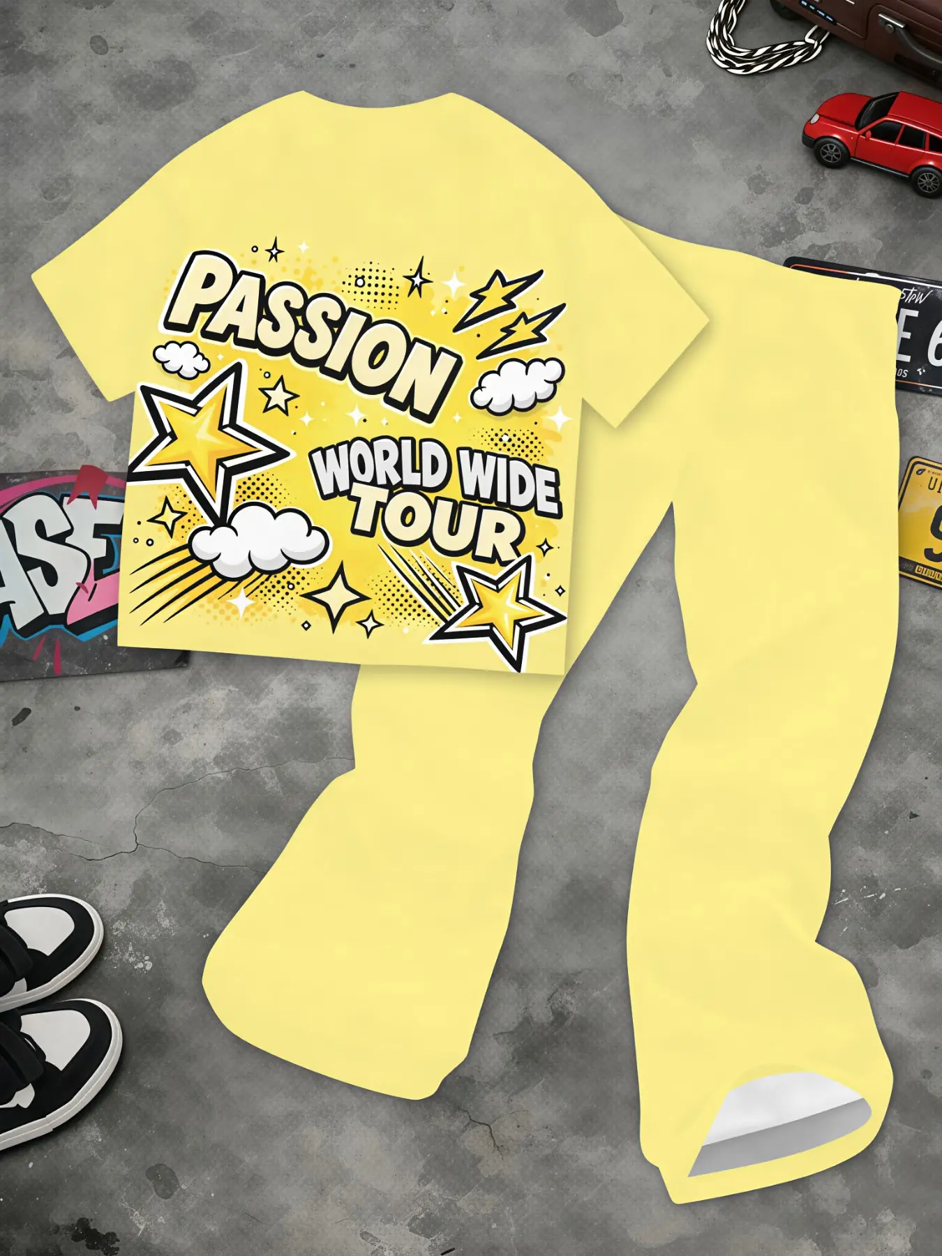 Cartoon Star Letter Mens 2 Piece Outfit, Soft Stretch Solid Yellow Tee Plain Bell Bottom Flare Pants, Summer Bright Casual Daily Street Tracksuit, Aesthetic Viral Pop Fashion Set