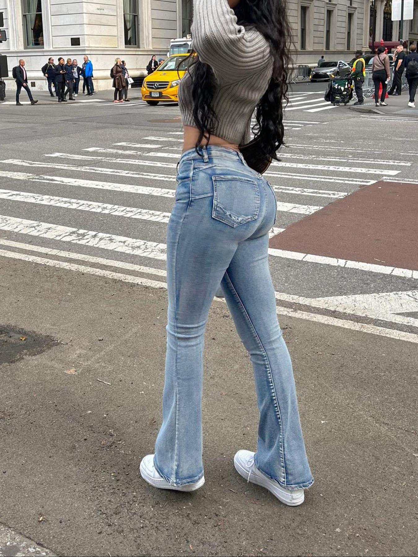 Women's Mid-rise Washed Stretch Skinny Flared Jeans, Hip-lifting Slim Flared Pants