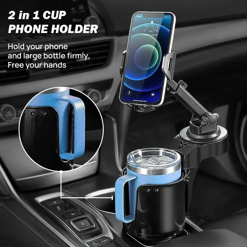 Car Phone Mount Cup Holder, 360-Degree Rotation, Large Adapter Long Arm, Compatible with iPhone, Samsung, All Smartphones