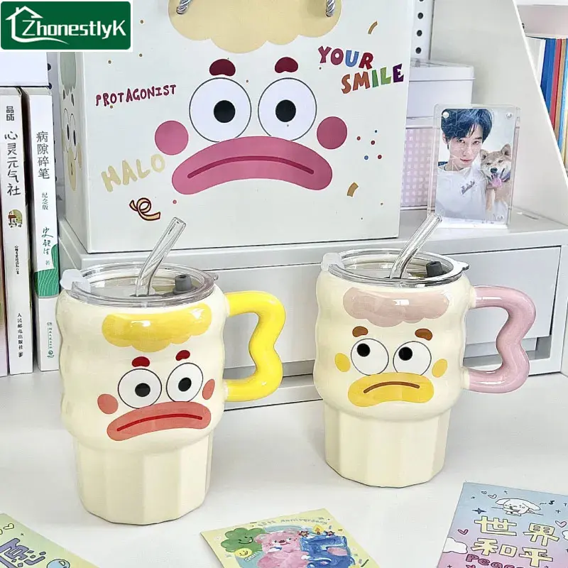 Cute and Adorable Clown Expression Ceramic Mug with Lid and Straw, Funny Coffee Cup, Kawaii Desktop Decorative Water Cup
