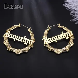Stainless Steel Bamboo Hoop Earrings Customize Name Earrings Bamboo Style Custom Hoop Earring With Statement Words Number