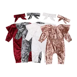 Newborn Infant Baby Girl Velvet Rompers Long Sleeve Sleeper Pajamas Rompers Jumpsuit Fall Winter Warm Clothes+Headband