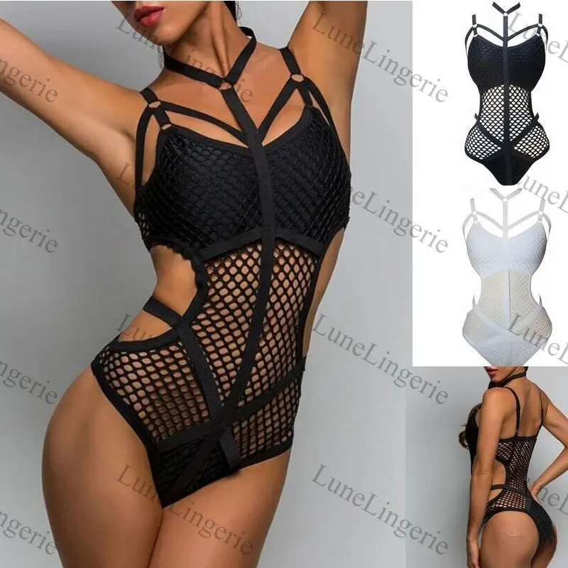 European Large Mesh Strap Design One-Piece Loungewear Bodysuit