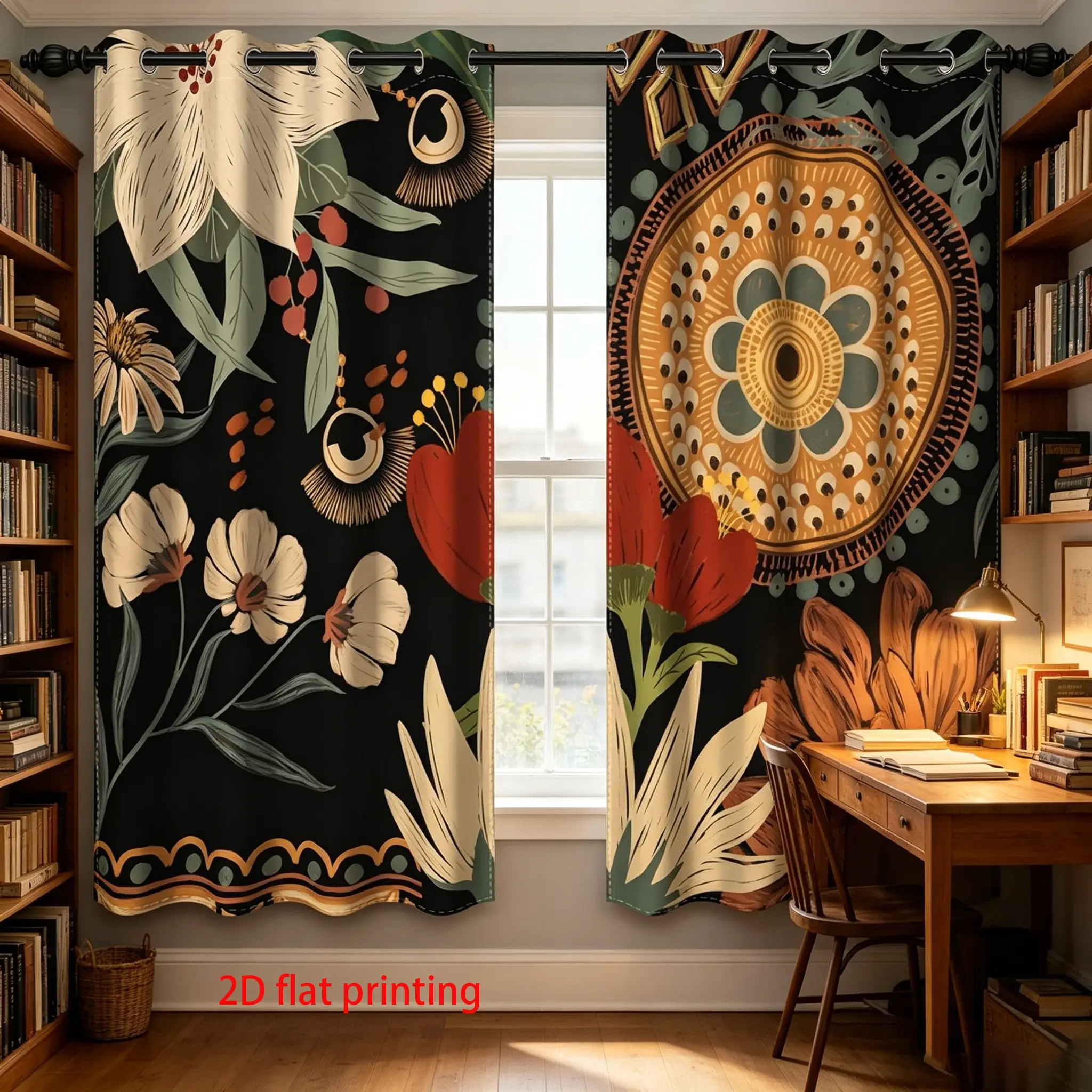 2-piece set of Bohemian vintage floral semi-opaque window curtains made of polyester fabric, featuring ethnic Mandala patterns, suitable for living rooms, bedrooms, and study rooms, with a light luxury black base printed fabric, Semi Sheer Curtain