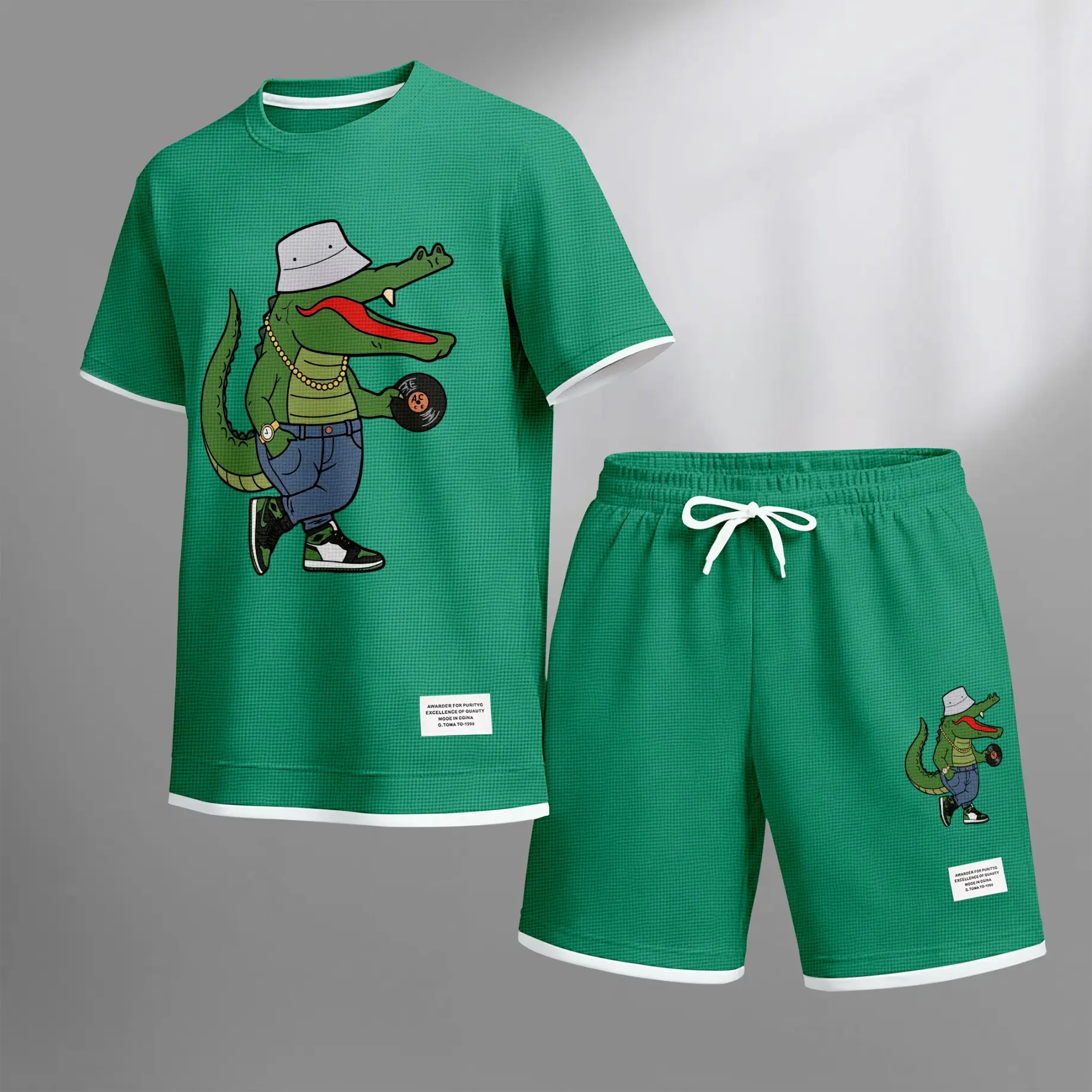 Men's 2-Piece Shorts Set, Streetwear Crocodile DJ Graphic Print, Breathable Waffle Polyester Menswear, Loose Fit Summer Outfit, Printed Two-Piece Shorts & Top Sets