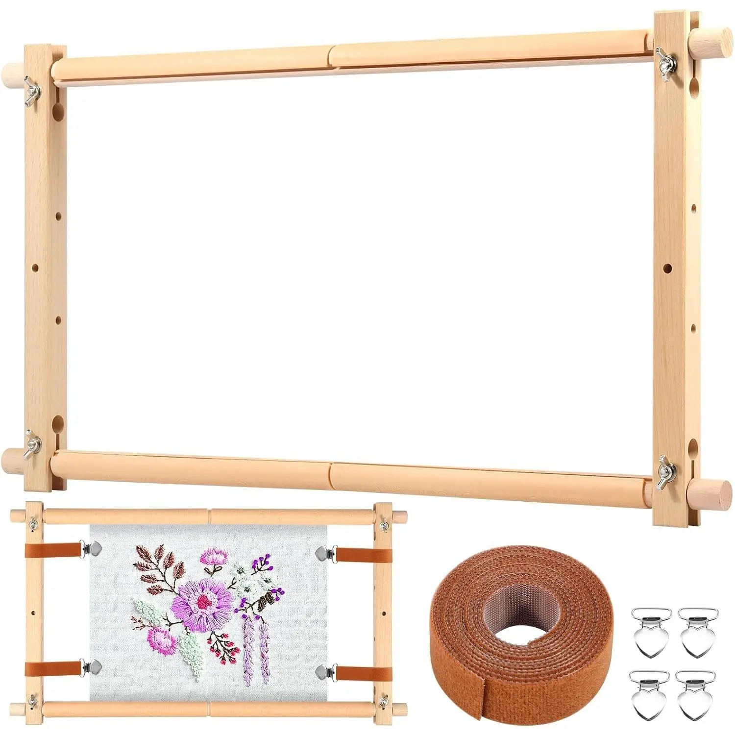 Embroidery Scroll Frame, Wooden Cross Stitch Frame with Clips, Rotated Needlepoint Embroidery Tapestry Scroll Frame, Adjustable Needlepoint Stretcher Frame for Embroidery（12 x 21inch）