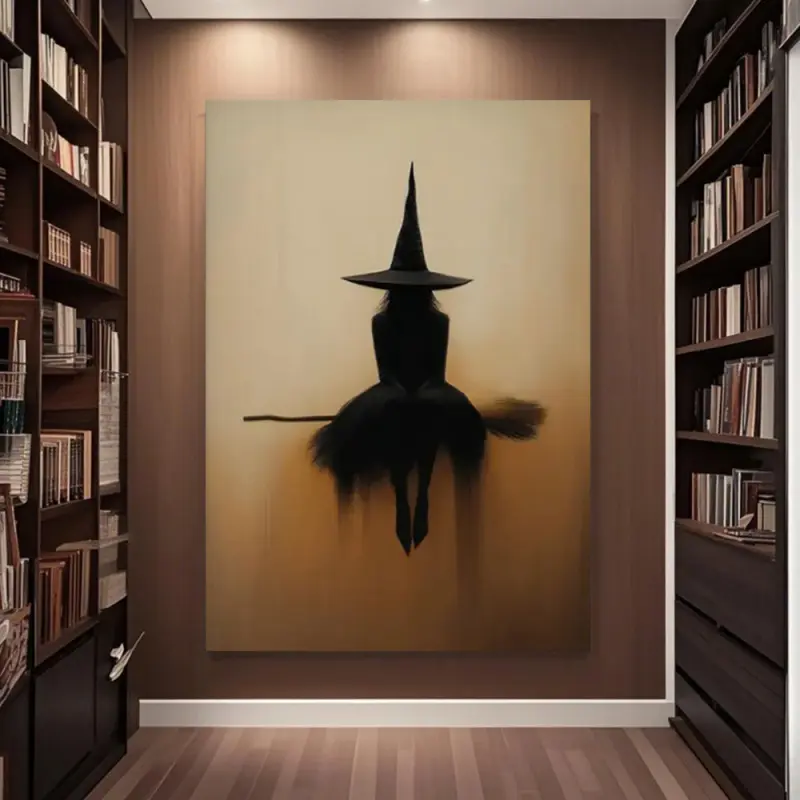 Minimalist Flat 2D Witch Silhouette Canvas Print - Gothic Beige and Black Broomstick Motif, Multi-Size Pine Wood Frame Wood Wall Decoration, Hanging Decor for Living Rooms, Bedrooms