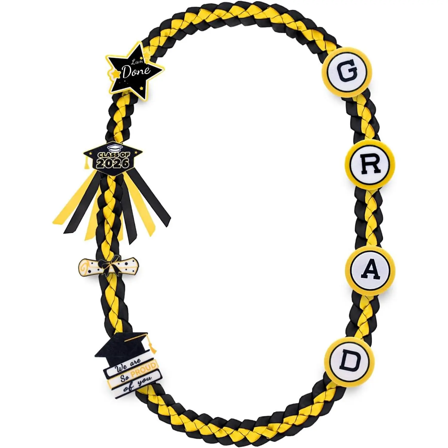 Handmade Ribbon Graduation Leis - Class of 2026 Congratulatory Decorations, Double-Braided with Glitter Pins for High School/College Congrats Party Supplies (Black & Gold)