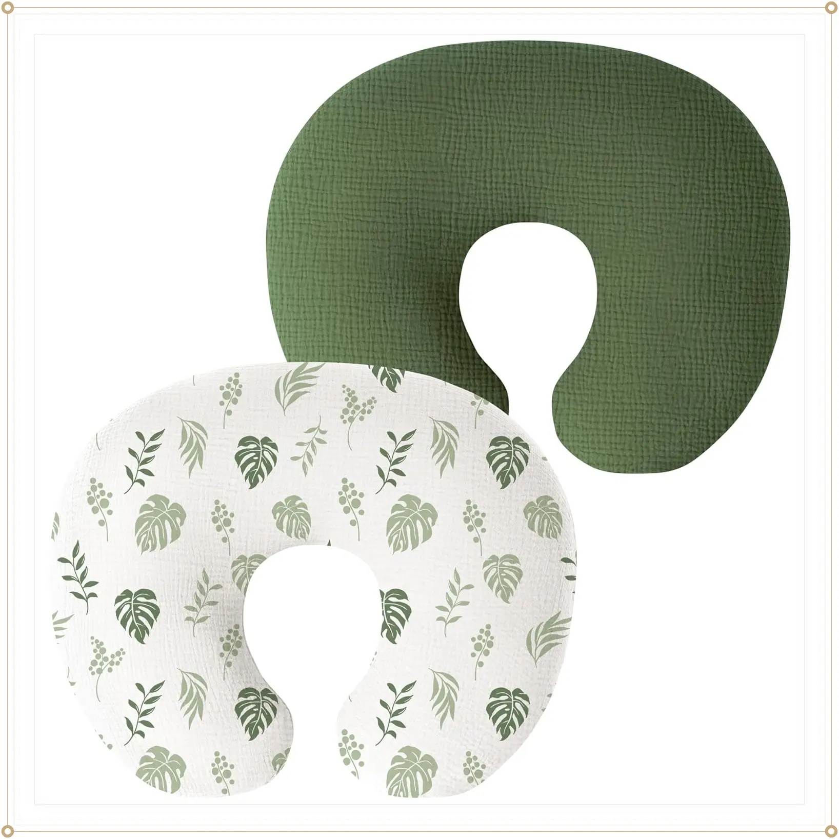 2-Pack 100% Cotton Muslin Nursing Pillow Slipcovers, Soft Leaf Pattern Green Covers with Zip Closure, Slipcover Fit for Breastfeeding Pillows (Gift)