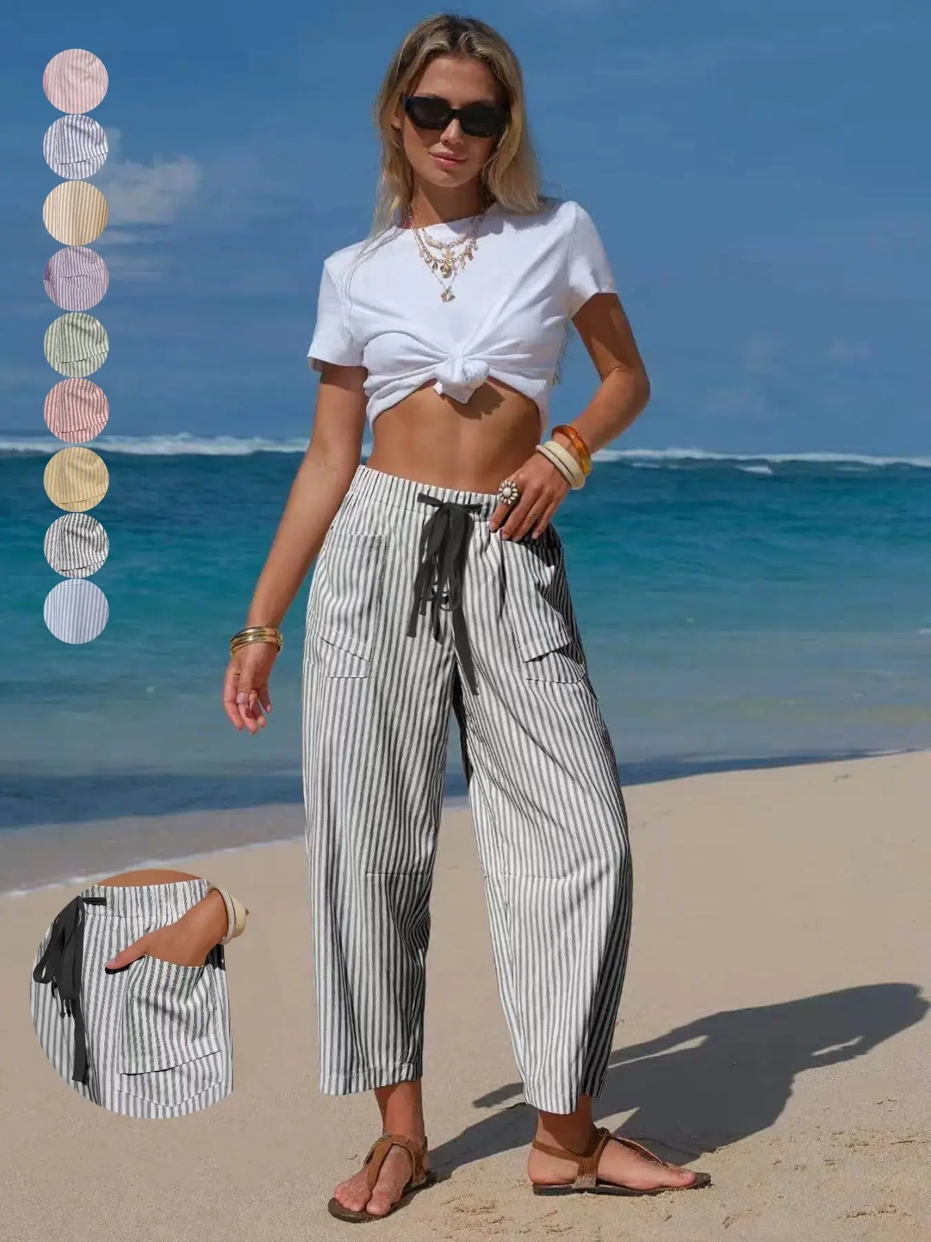 Women's Loose Striped Drawstring Casual Trousers, Elastic Waist Pants with Pockets, Bottom, Available in Black, Blue, Red, Green, Pink, Purple, Sky Blue, Lemon Yellow & Khaki, 1 Piece