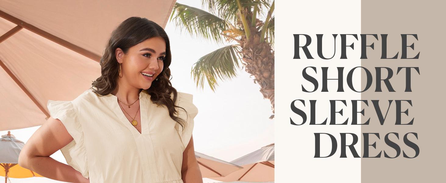 【1XL-5XL】Imily Bela Curve Plus Size Dresses for Women Summer Ruffle Short Sleeve V Neck Dress Tiered Swing A Line Babydoll Mini Dress