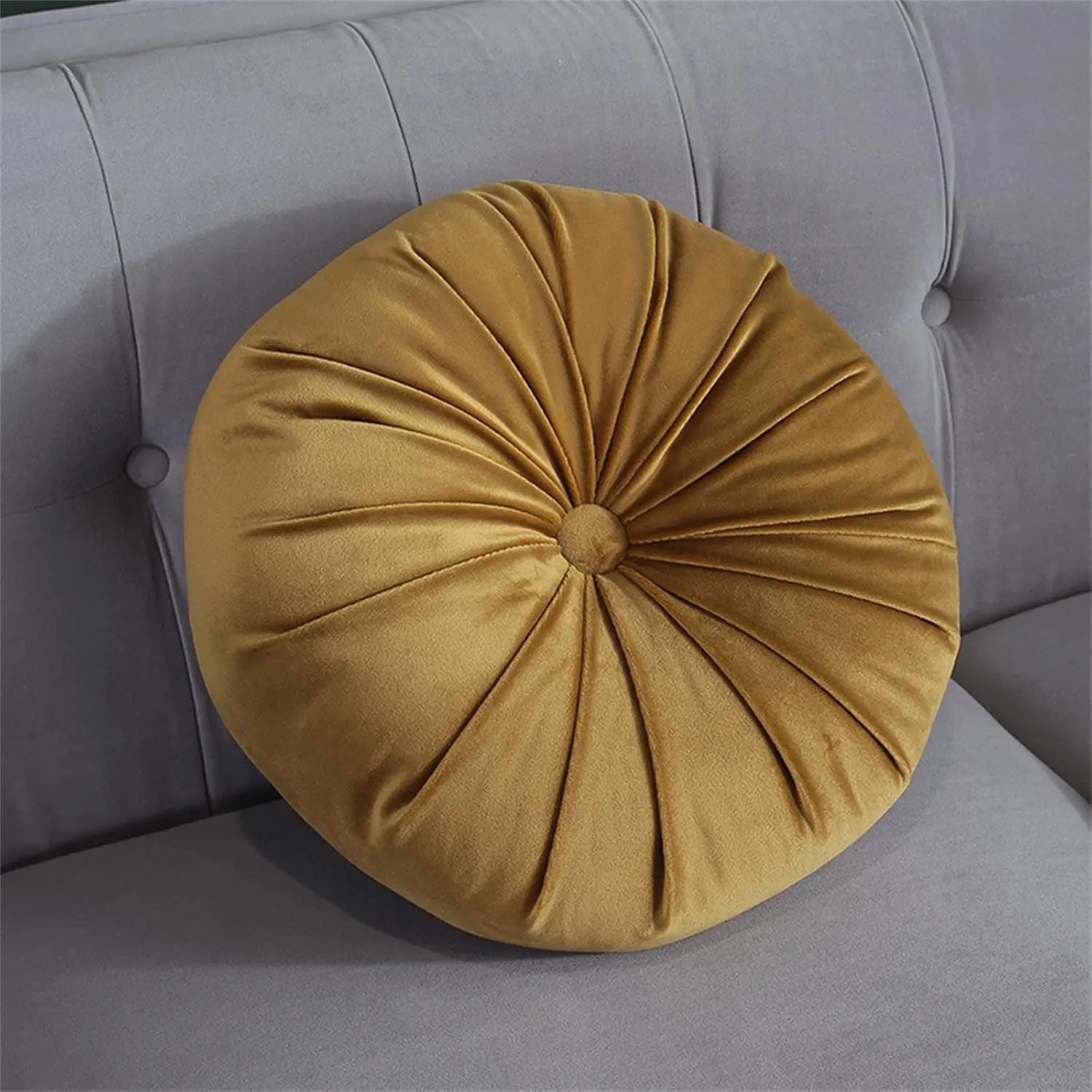Round Throw Pillow  Pumpkin Pleated Meditation Pillow Solid Color  Decorative Throw Pillow Floor Cushion for Sofa Chair Living Room Decoration (Yellow)