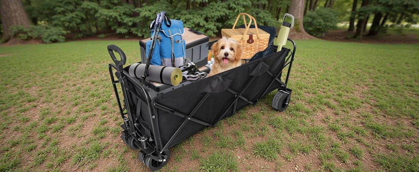 350L Large Capacity Foldable Wagon with Brakes, 560lbs Heavy Duty Collapsible Wagon Cart with Push Handle All-Terrain Big Wheels for Camping, Sports, Shopping, Beach