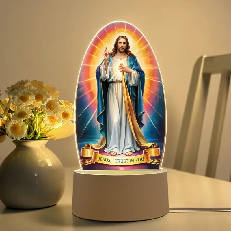 Jesus Night Light, Acrylic Religious Home Decor Lamp, USB Powered Warm LED Bedside Table Lamp, Church Memorial Decoration, Prayer Meditation, Religious Decorations