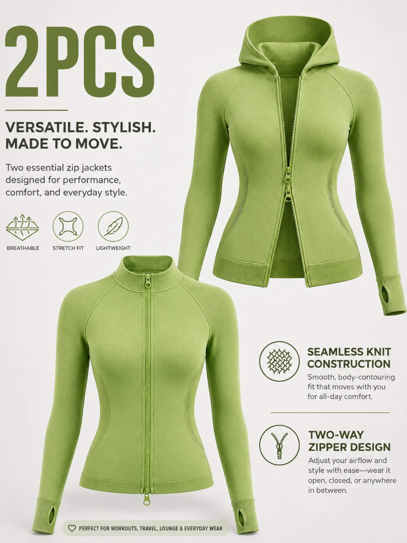 2pcs Dual Zipper Long Sleeve Jacket, Seamless Slim Fit Casual Sportswear, Running Training Fitness Top, Fall Winter Outerwear