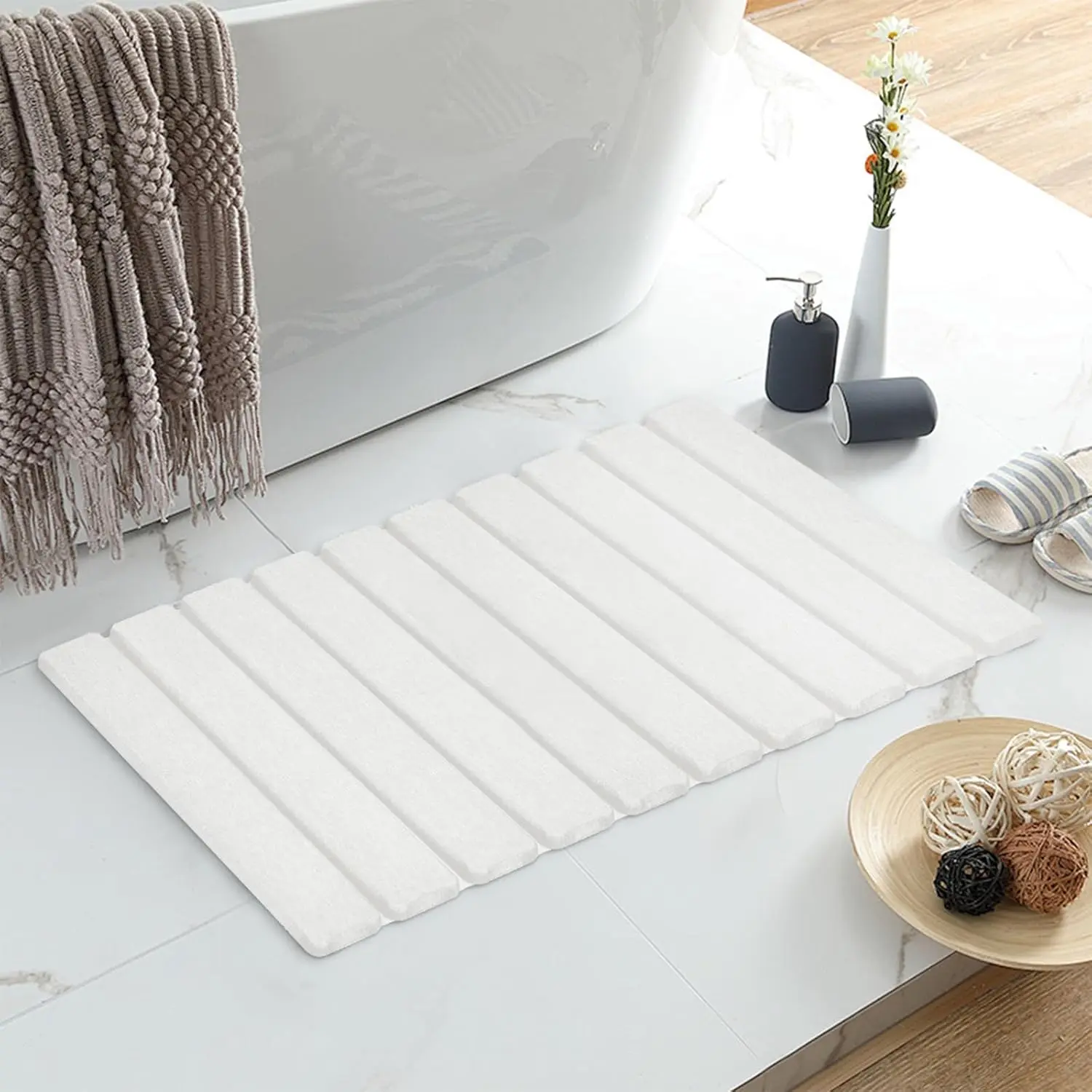 Foldable Stone Bath Mat, Non-Slip Diatomaceous Earth Mat, Super Absorbent Quick Drying Bath Stone Mat, Luxury Bath mat for Bathroom Kitchen Bathtub, 23.4 * 15.4" White
