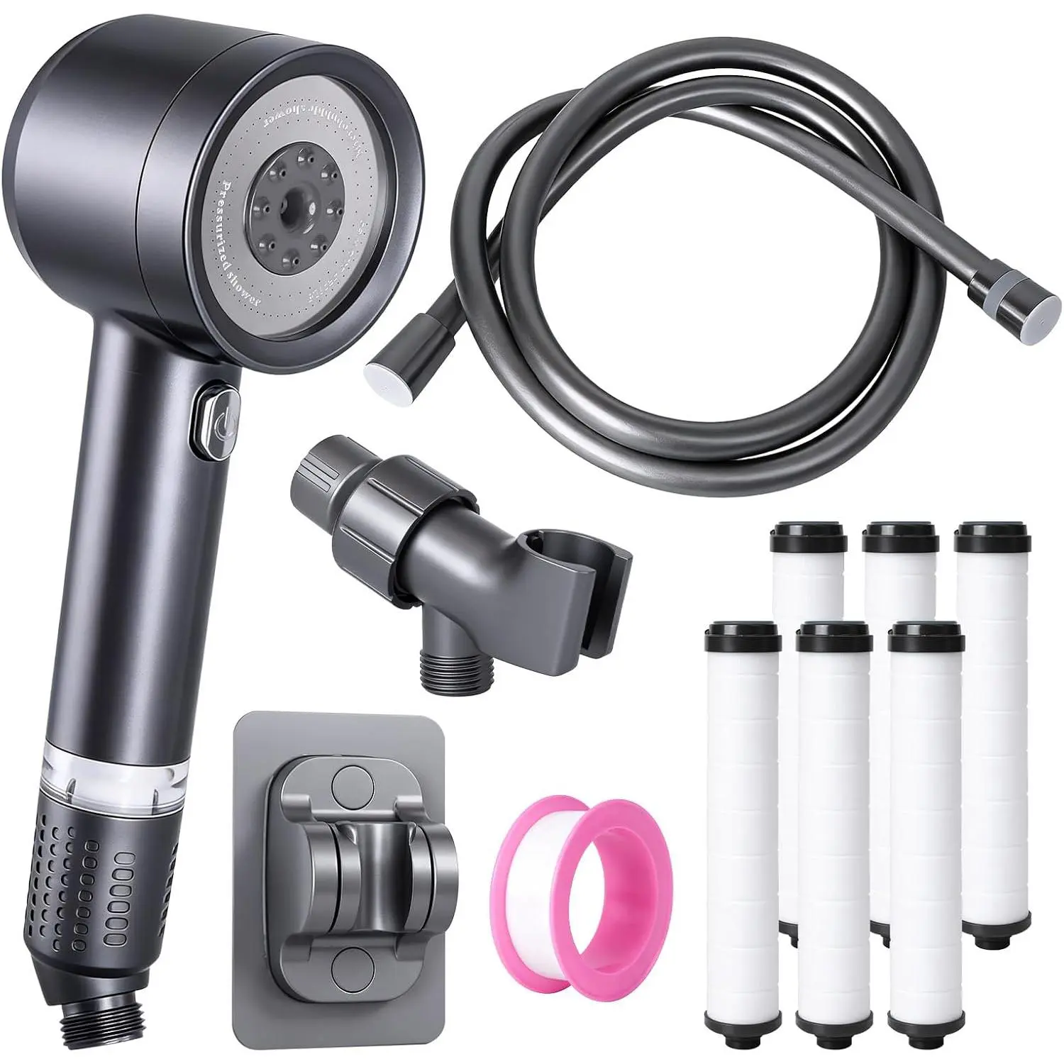 Filtered Shower  with Handheld – High  4-, 7 Filters Included, 59" Hose & 2 Brackets, for Hard Water,  Bath & Tile Cleaning, Thick ABS, Complete Shower Kit
