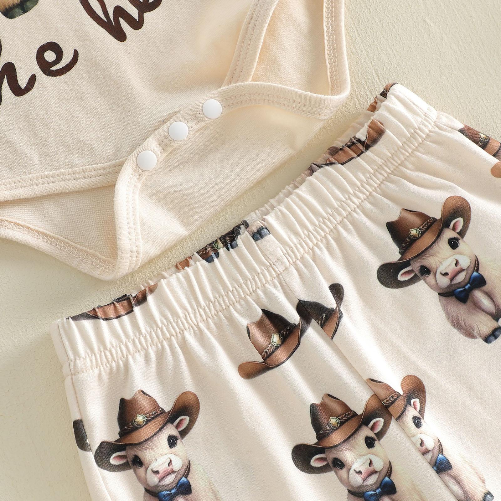 New to the Herd Baby Boy Cowboy Outfit Western Highland Cow Print Bodysuit Jogger Pants Hat Set Cute Newborn Coming Home Summer Clothes Announcement