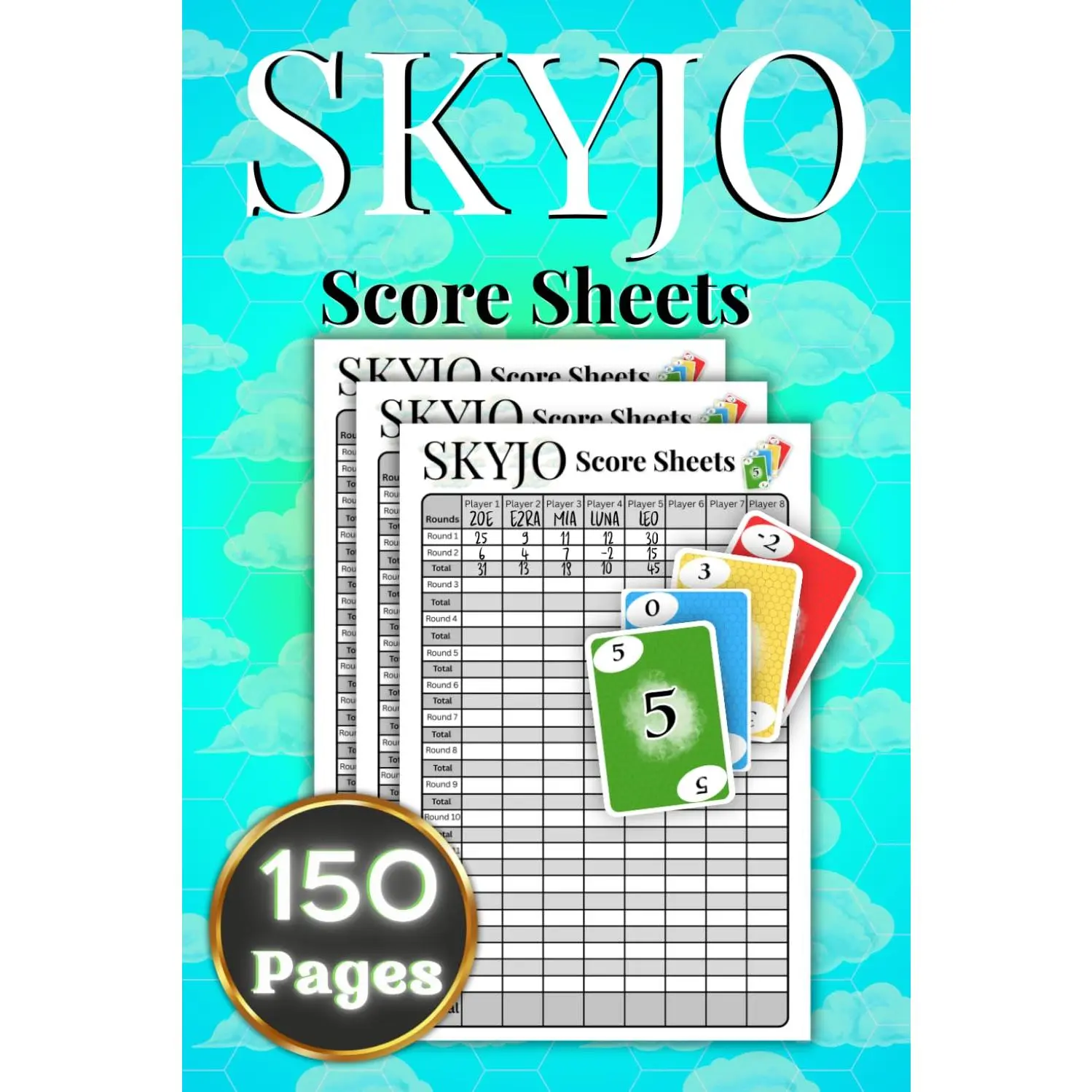 SKYJO Score Sheets: 150 Pages Score Pads | 6x9 Inches | Totals Rows for Easy Scorekeeping | Up to 8 Players - Paperback