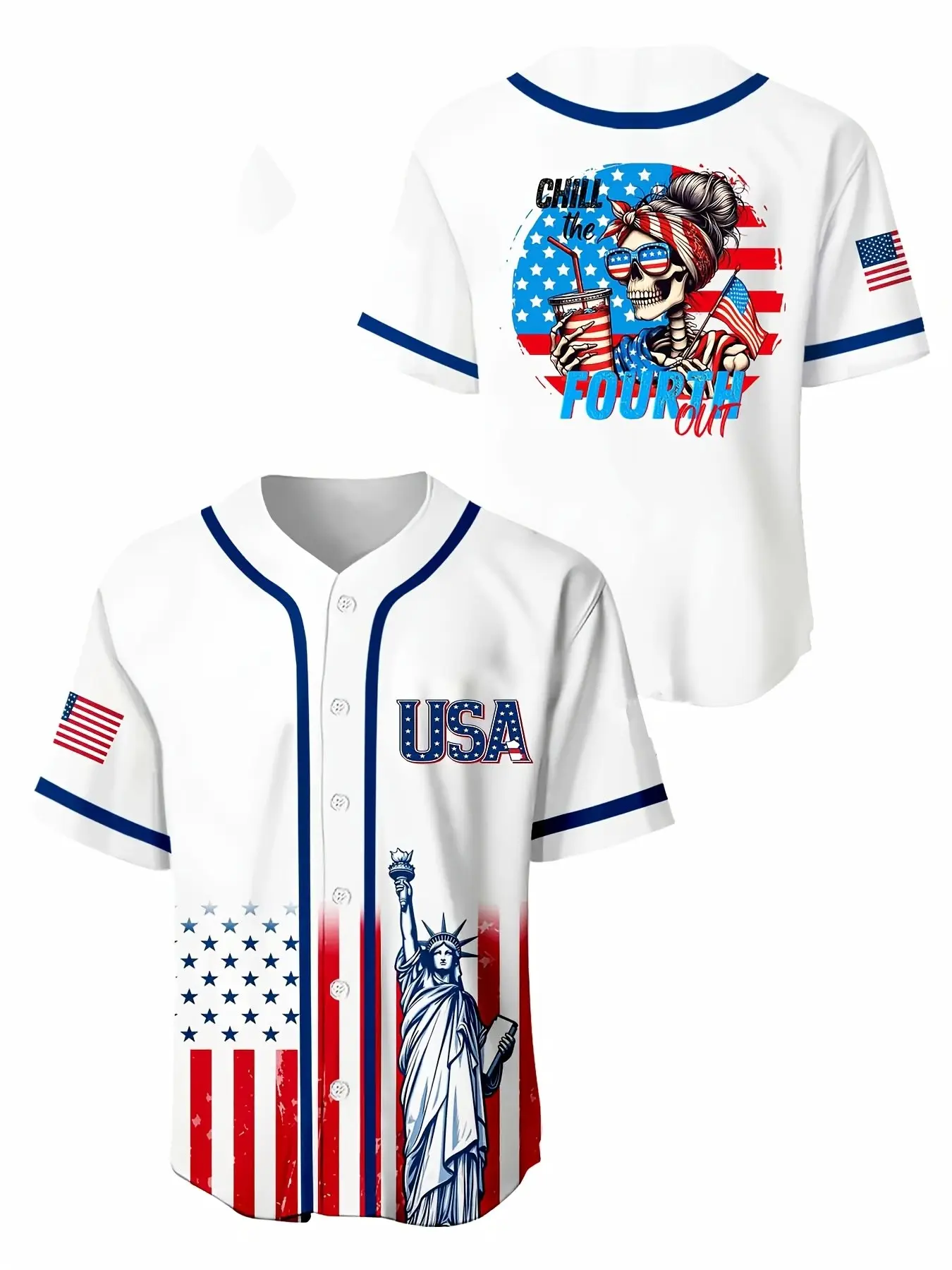American-style star short-sleeved baseball jacket, unisex loose casual sports baseball top with Statue of Liberty star and flag print., Ideal for Baseball Games and Casual Wear，Tiktok shop deals today，Baseball Jacket for men