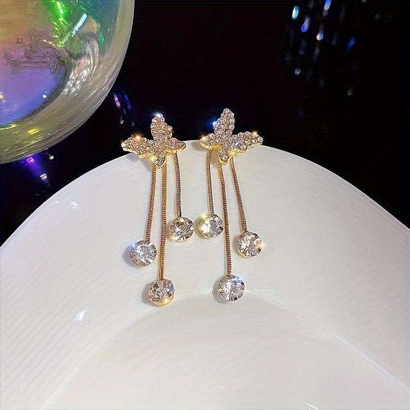 New Fashion Rhinestone Inlaid High-end Butterfly Earrings, Two Pairs of Sweet and Fresh Tassel Style Shiny Women's Earrings