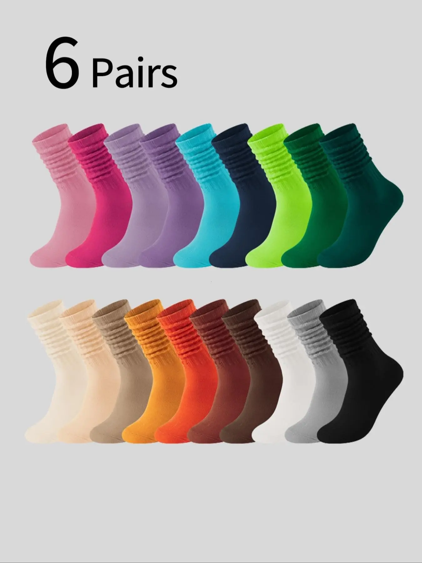 6 Pairs Women's Crew Socks, European Style Mid-Calf, Hand-Folded Pure Color, Cozy Soft, All-Season, Random Colors, Couples' Socks, Matching