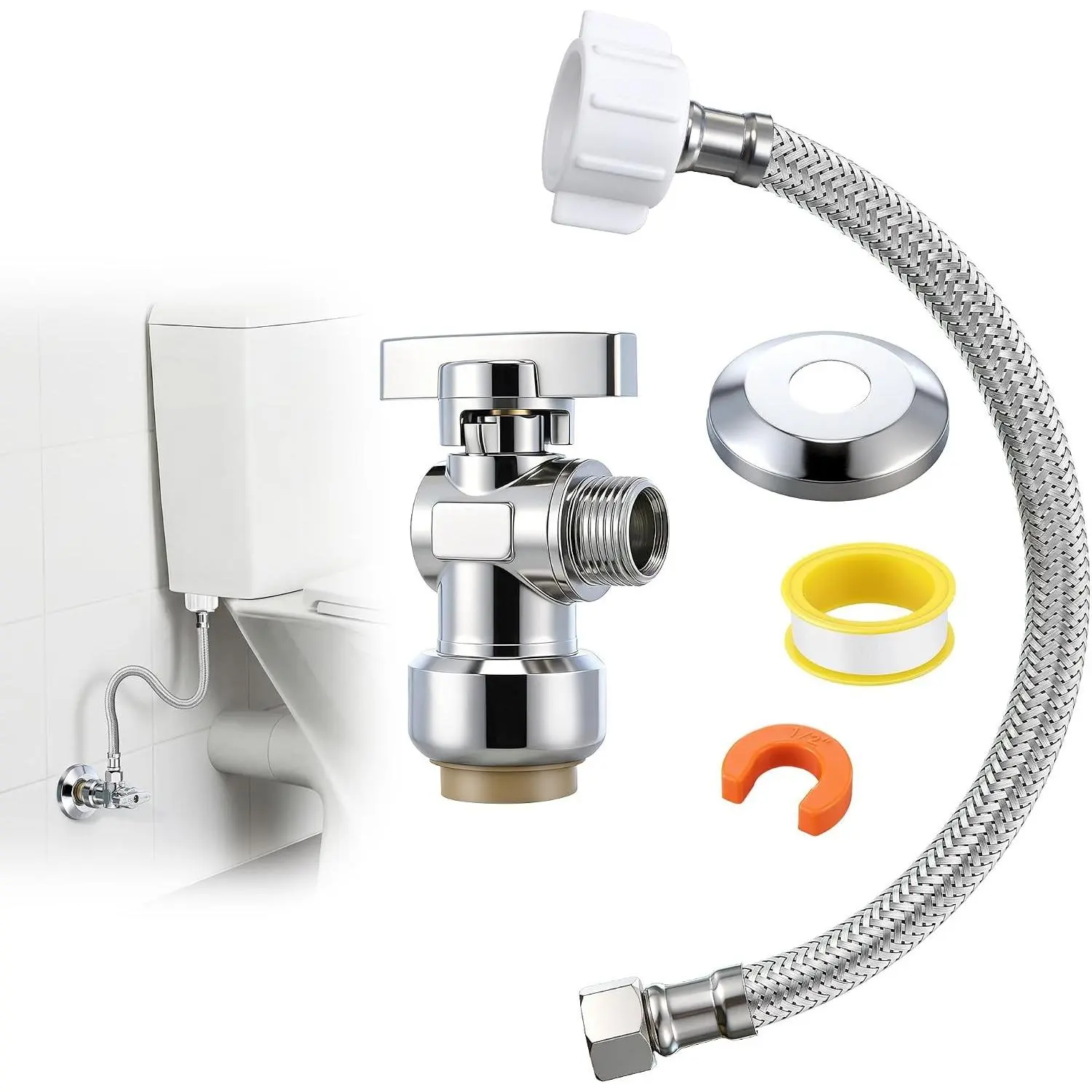 Complete Toilet Shut Off Valve Set with 1/2 x 3/8'' Compression Angle Stop Valve, 3/8" COMP x 7/8" BC Toilet Connector Hose, Escutcheon Plate, Disconnect Clip & Sealing Tape(12")