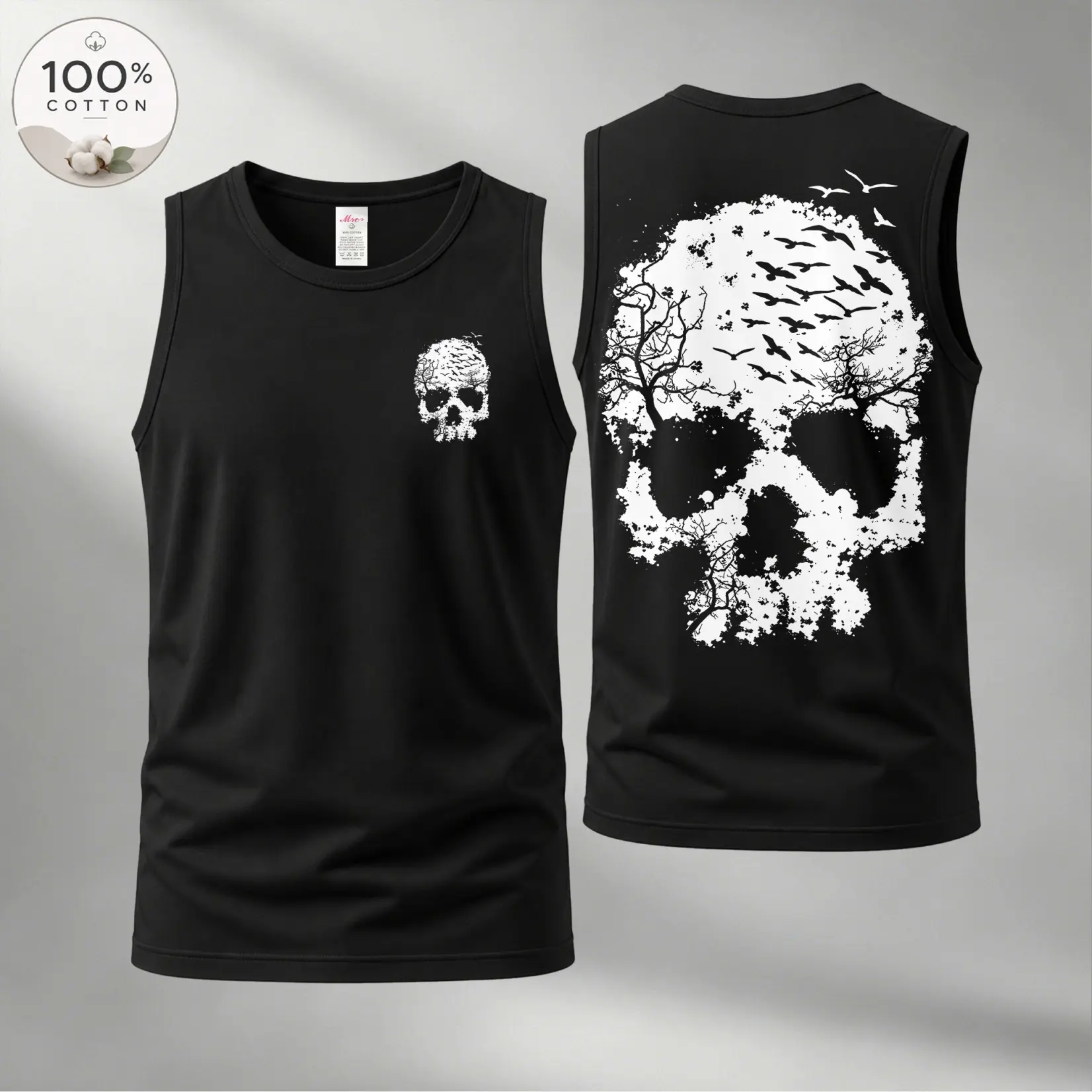 Streetwear Skull Graphic Tank Top for Men, 100% Soft Cotton Sleeveless Muscle Shirt with Front and Back Print, Loose Fit Round Neck, Sleeve, Fabric, Menswear, Outdoor, Crew Neck, Graphic Skull, Black Graphic Print Men's Tanks