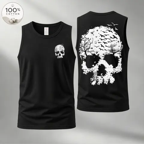 Men’s 100% Cotton Sleeveless Tank Top, Skull Graphic Muscle Shirt, Front and Back Print Casual Summer Tee, Soft Breathable Loose Fit Streetwear Top for Gym and Daily Wear