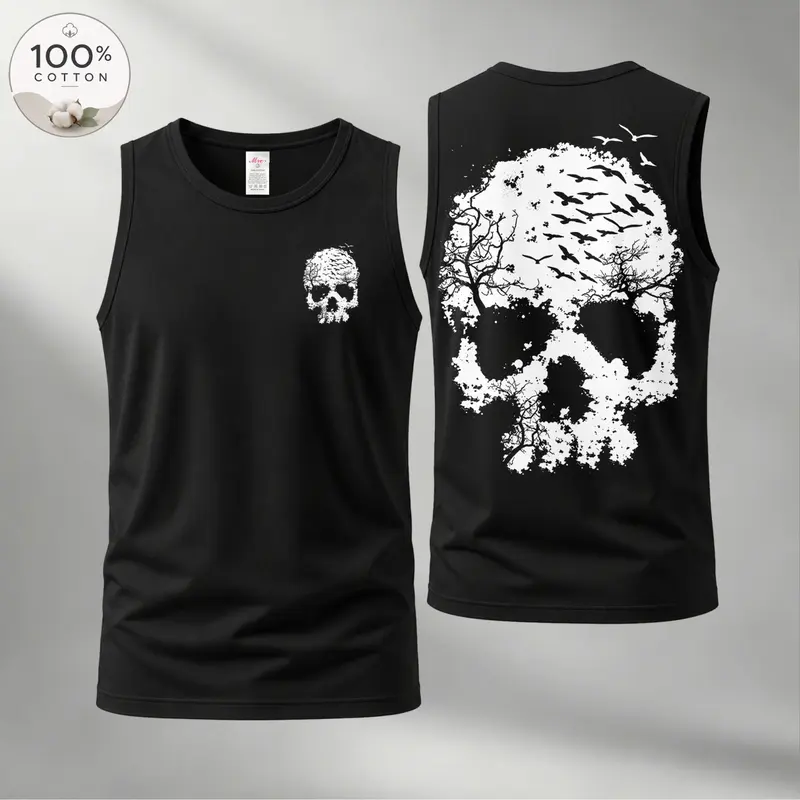 Men’s 100% Cotton Sleeveless Tank Top, Skull Graphic Muscle Shirt, Front and Back Print Casual Summer Tee, Soft Breathable Loose Fit Streetwear Top for Gym and Daily Wear