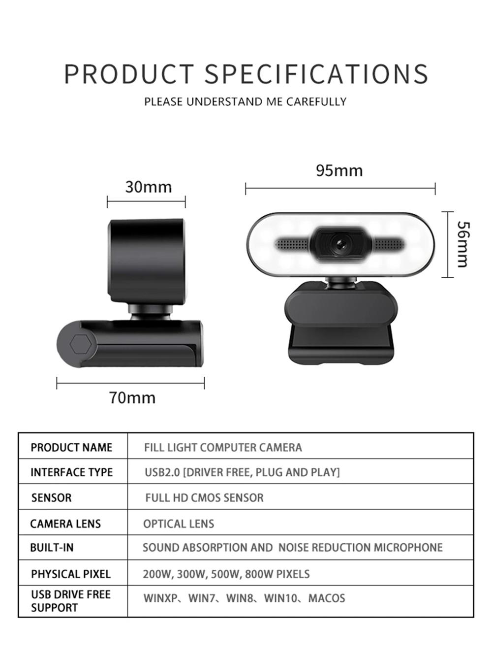 Portable Full HD Webcam PC Laptop Auto Focus Webcam Live Streaming Flexible with Microphone Live Broadcast withLight