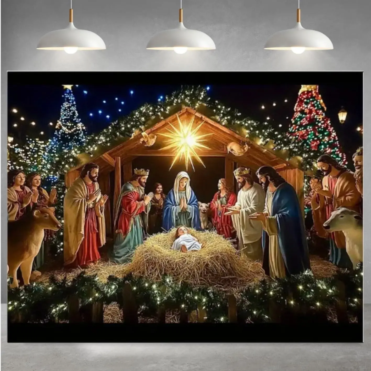 Christmas Nativity Scene Holiday Banners and Backdrops, made of durable polyester, featuring images of Mary, Joseph, and the infant Jesus; large-format photography backdrops suitable for indoor and outdoor home decor, party supplies, and banners