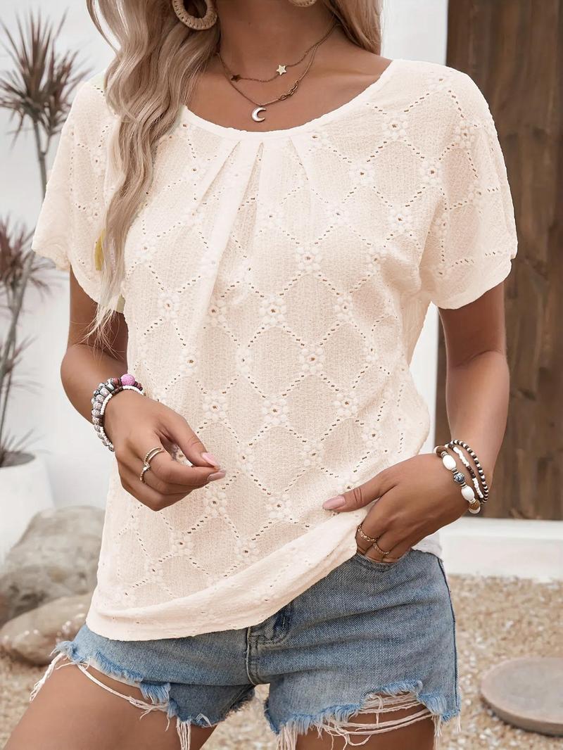 Women's Plain Eyelet Embroidery Tee, Casual Short Sleeve Round Neck T-shirt for Summer, Ladies Clothes for Daily Wear