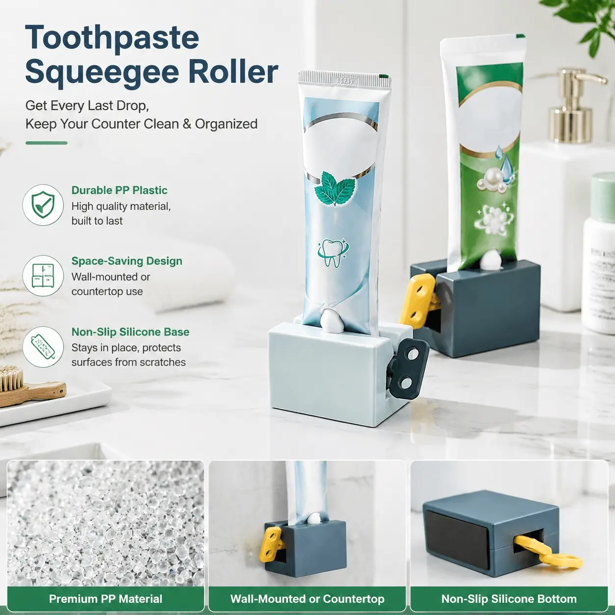 2 Pack Manual Roller Toothpaste Squeezer, No Installation Needed, Anti-Slip & Waterproof Bathroom Gadget, Space-Saving Tube Wringer for All Tubes, Saves Every Last Drop