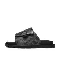 Open-Toe Sandals, Dark Newspaper Print, Adjustable Velcro, Thick Soft Sole, Casual Comfort, All-Season Footwear, Versatile Design