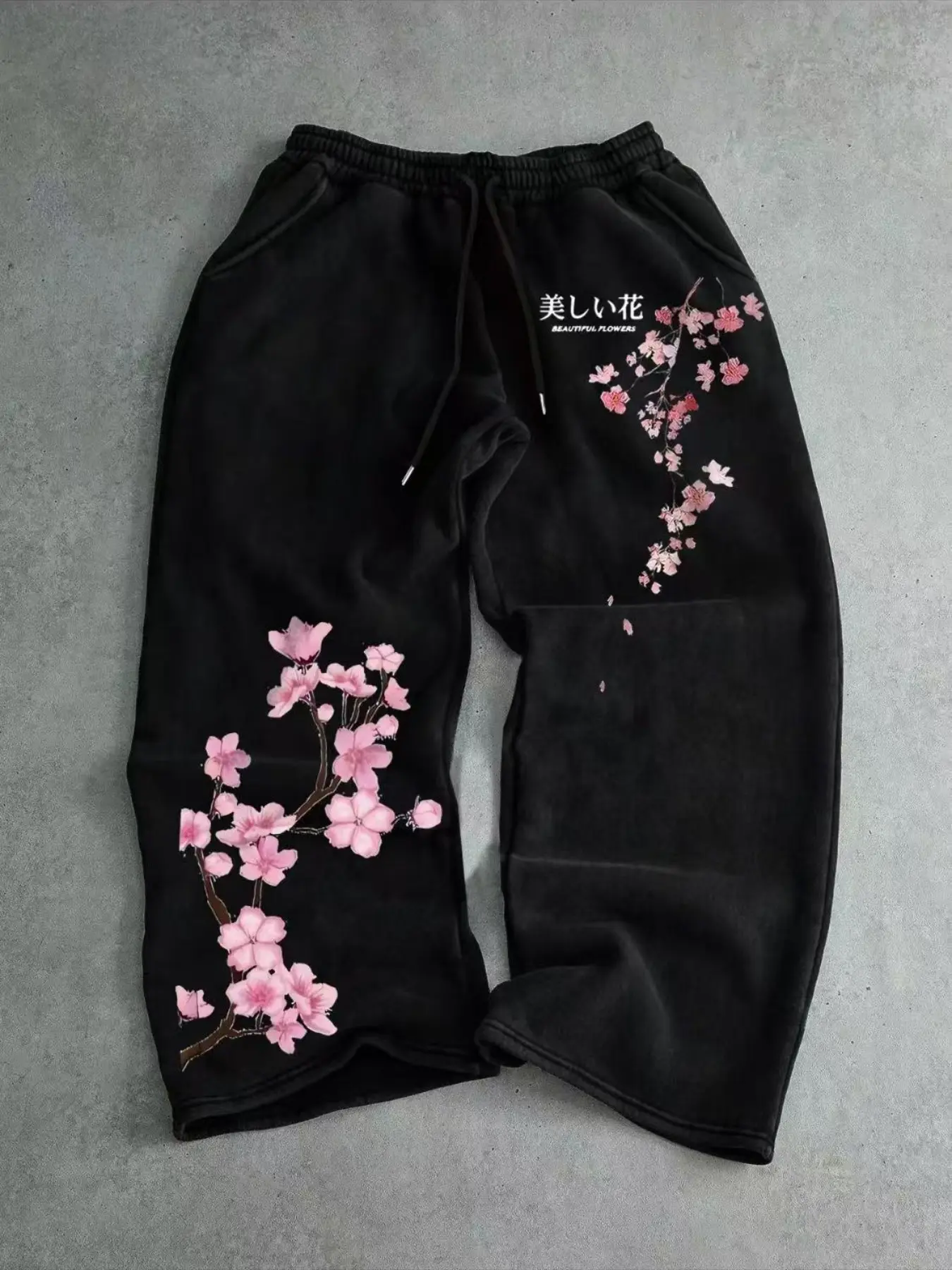 Men's Casual Sports Pants with Cherry Blossom Print and Letter Pattern, Drawstring Wide-Leg Lounge Pants for Spring & Fall, Comfortable and Relaxed Fit, Drawstring Sweatpants
