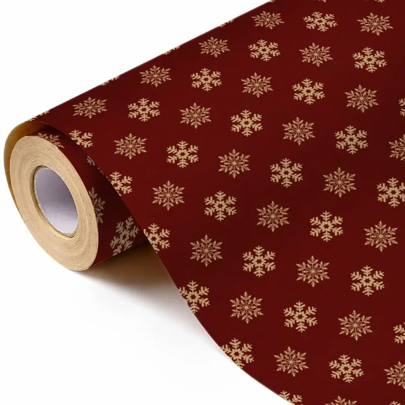 Burgundy Gold Snowflake Christmas Gift Wrapping Paper Rolls, Retro Red Kraft Paper Holiday Gift Wrapping Paper, Perfect for Christmas Gifts and Winter Party Decorations (17 inches x 197 inches)