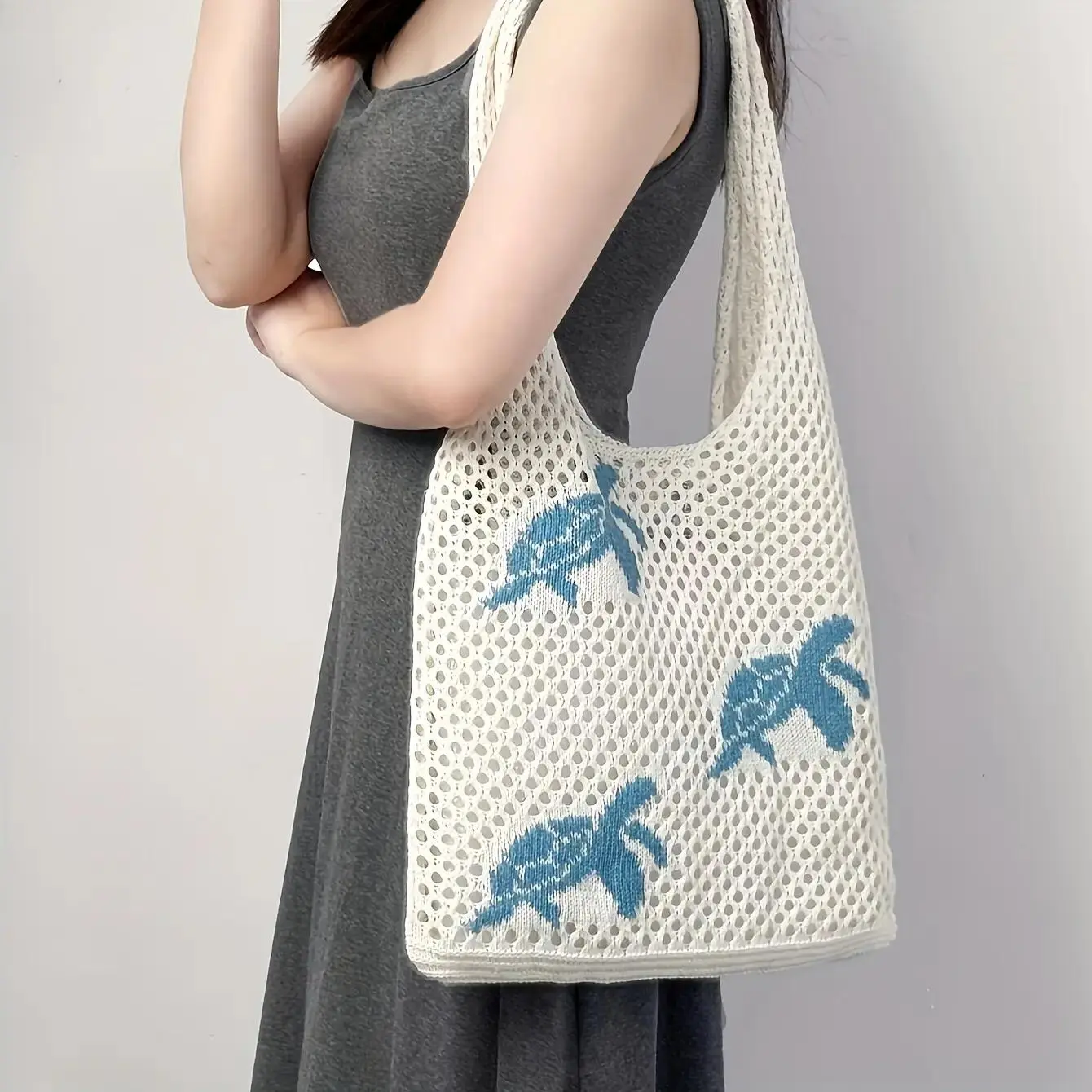 Women's Hollow Woven Crochet Shoulder Tote Bag - Turtle Print, Light Nylon, Fixed Strap, Zipper-Free Handbag for College Study, Grocery Shopping, Daily Carry (Sports & Outdoor Gym Accessory)