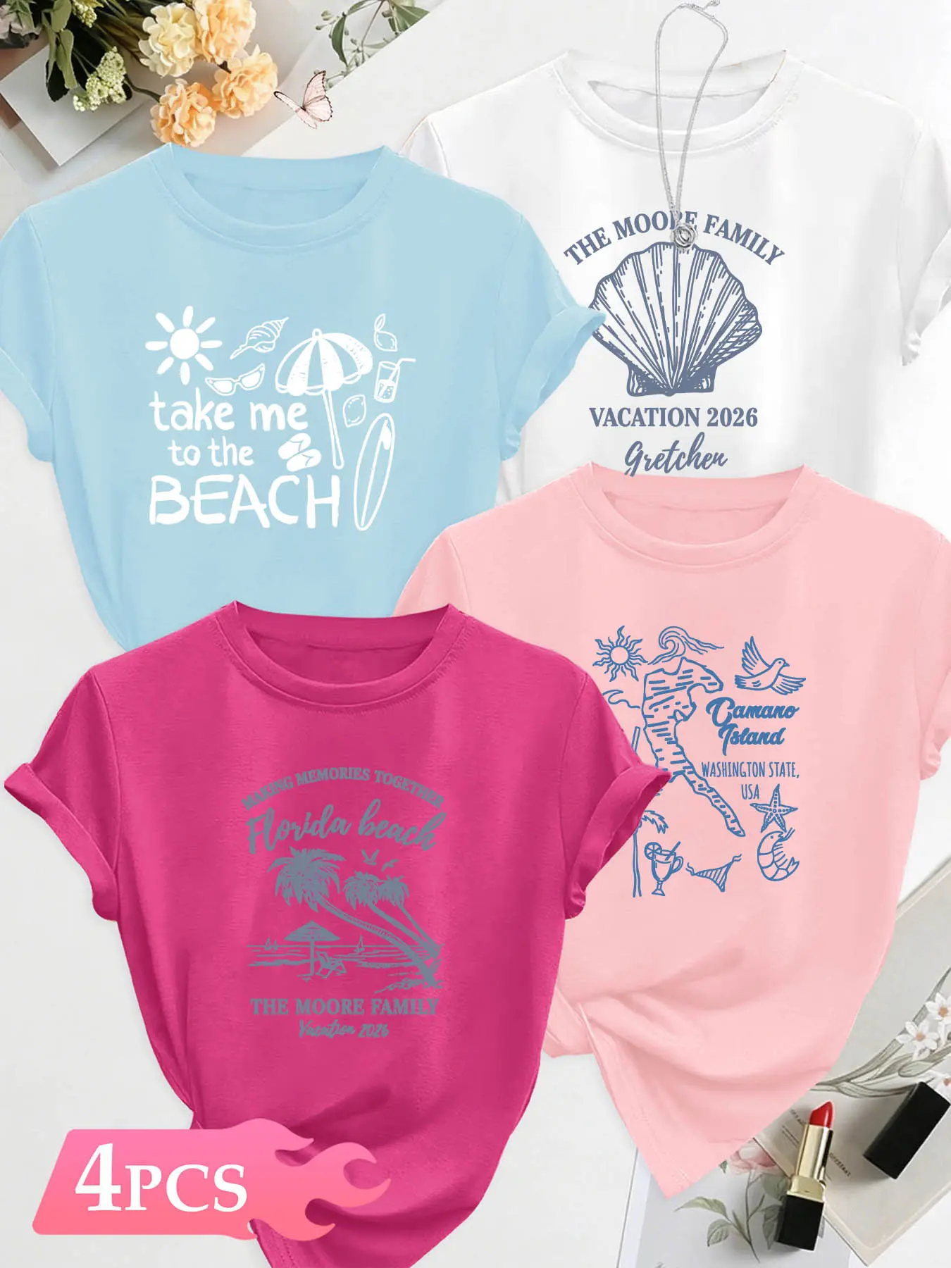 4Pcs Women Crew Neck T-shirt, Beach Palm Shell Family Vacation Retro Print, Loose Washable Women Summer Casual Outfit