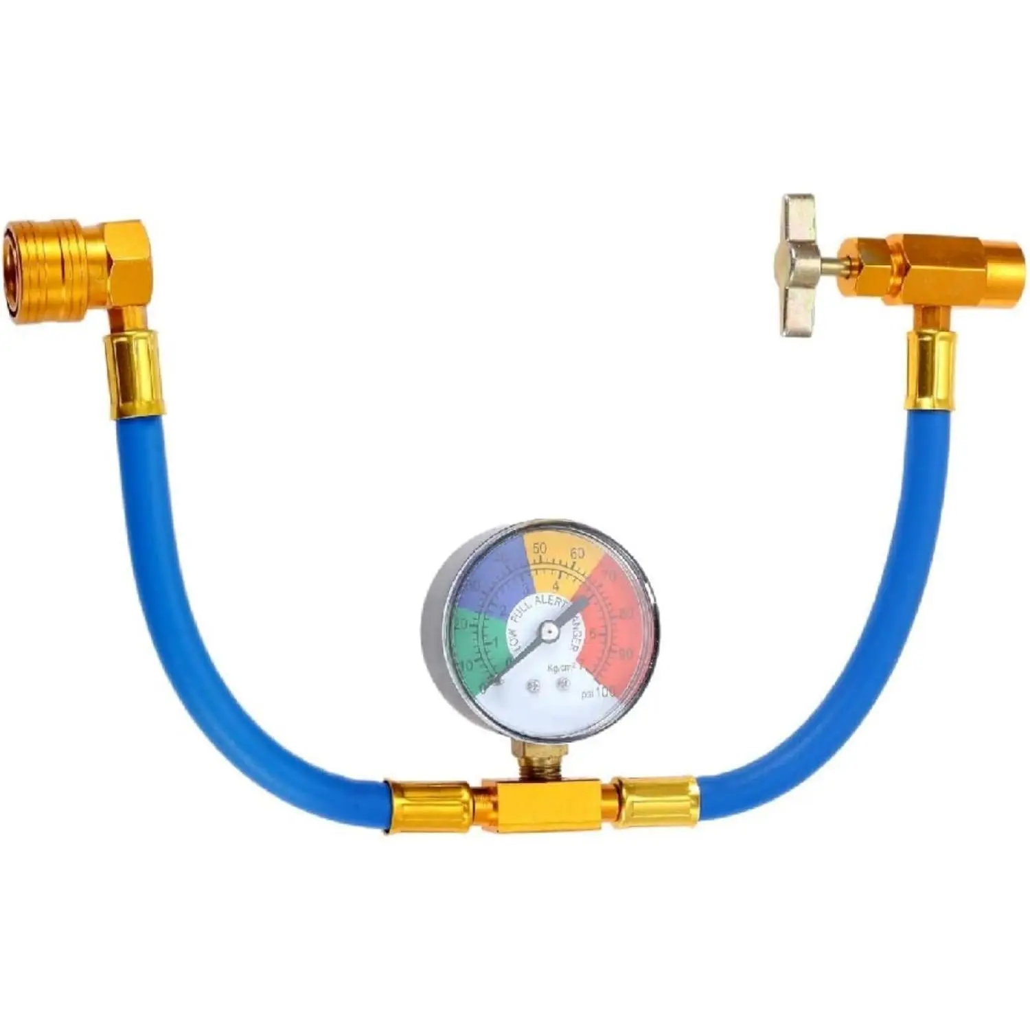 R134A AC Refrigerant Charge Rubber Hose Kit for Car Owners, 15 in Length, 1/2-inch Threaded Connection, 90-Degree Push-Lock Coupler, Auto Shut Off, Self-Sealing Valve Can, Pressure Gauge, Acme Female, Car Climate Control Repair & Refill Kit