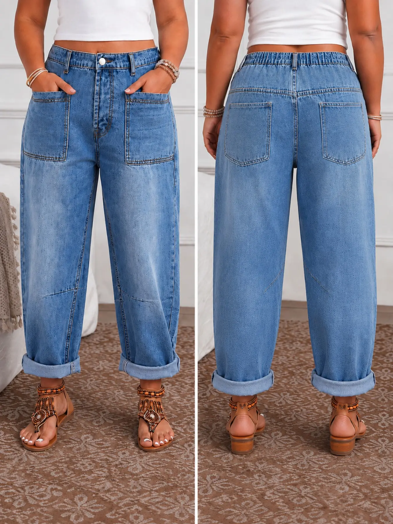 Plus Size Women's Non-Elastic Denim Barrel Pants, Elastic Waist, Large Pockets, Loose Fit, Casual, All Seasons, Comfortable and Stylish