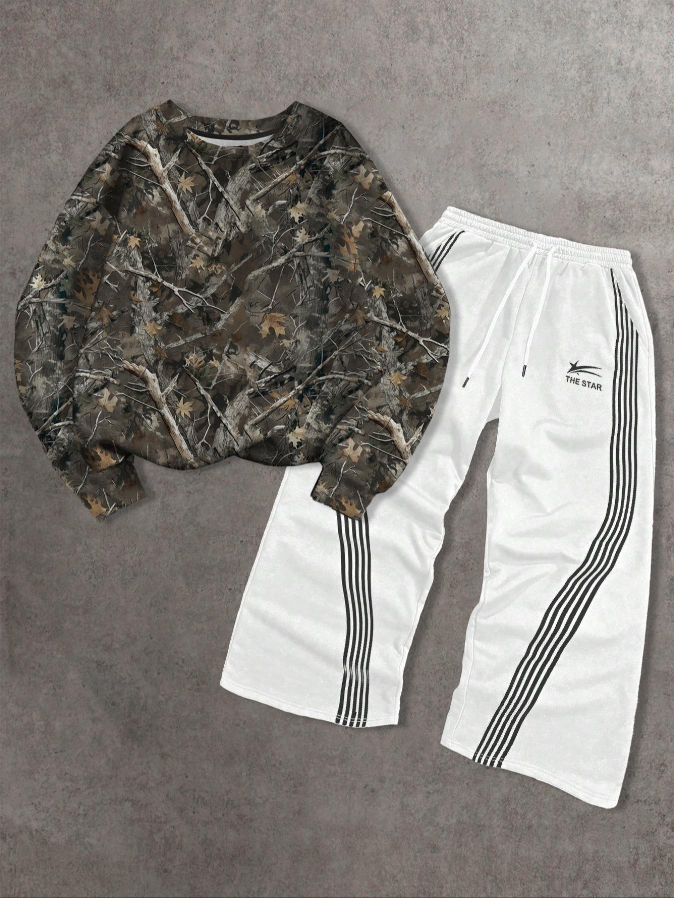 Two-piece Set Men's Branch Print Drop Shoulder Sweatshirt & Striped Print Wide Leg Pants, Regular Fit Casual Fashion Cozy Round Neck Long Sleeve Pullover & Elastic Waist Trousers for Daily Wear, Men's Outfits for Fall & Winter