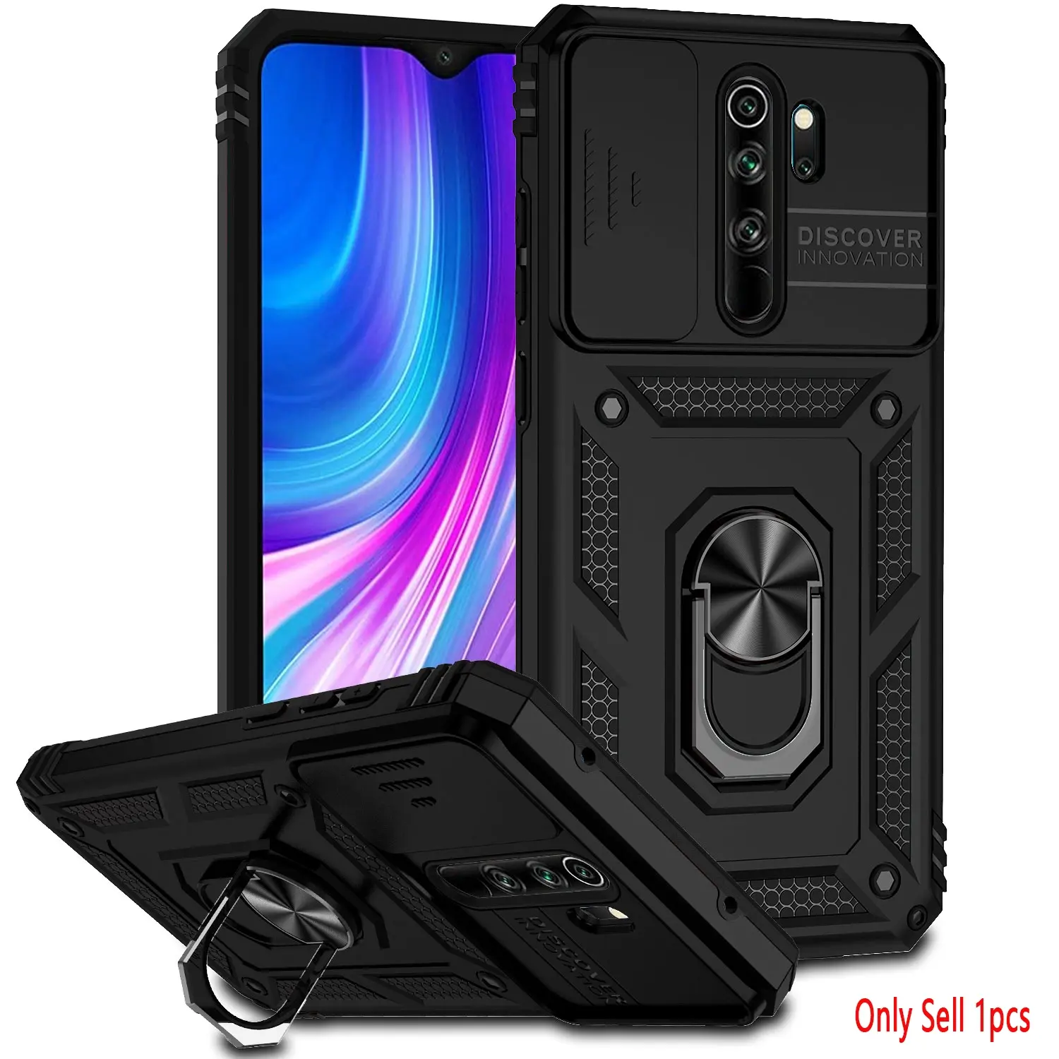 Case for Redmi Note 8 Pro Military Grade Shockproof, 360° Adjustable Magnetic Ring Stand, Push-Pull Lens Cover for Redmi Note 8 Pro Phone Case