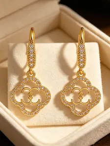 1 Pair Luxurious New Four Leaf Shaped Plated Gold Earrings With Sparkling Zirconia Paved Earhook Drop Earrings For Daily Wear Wedding Party Gift