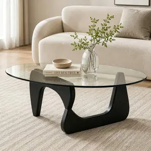 Triangular Glass Coffee Table – Modern Wooden Base Side Table For Living Room, Study, Office & Balcony, Mid-Century Abstract Design, Stylish Home Decor