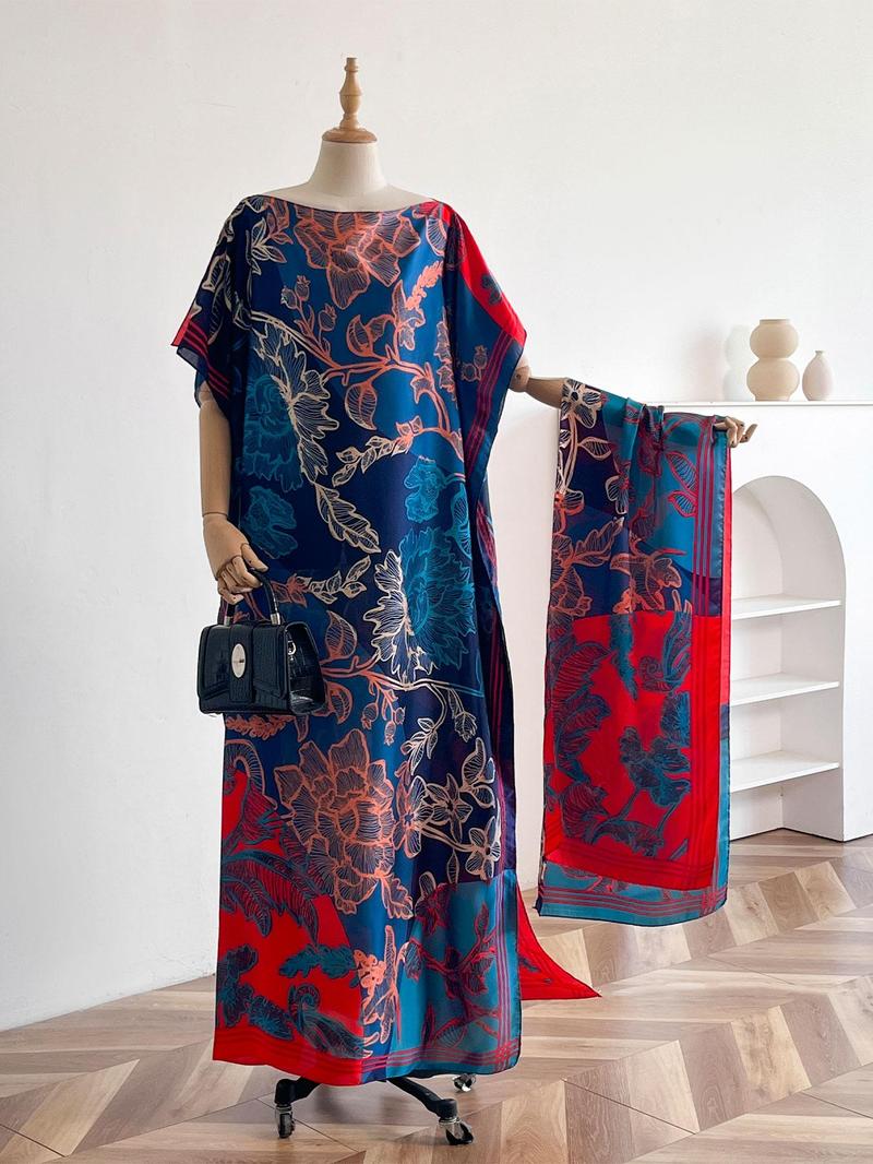 Women's Floral Print Long Dress & Scarf Set, Boho Casual Shawl Dress & Scarf Set for Beach Vacation Holiday, Ladies Clothes for All Seasons