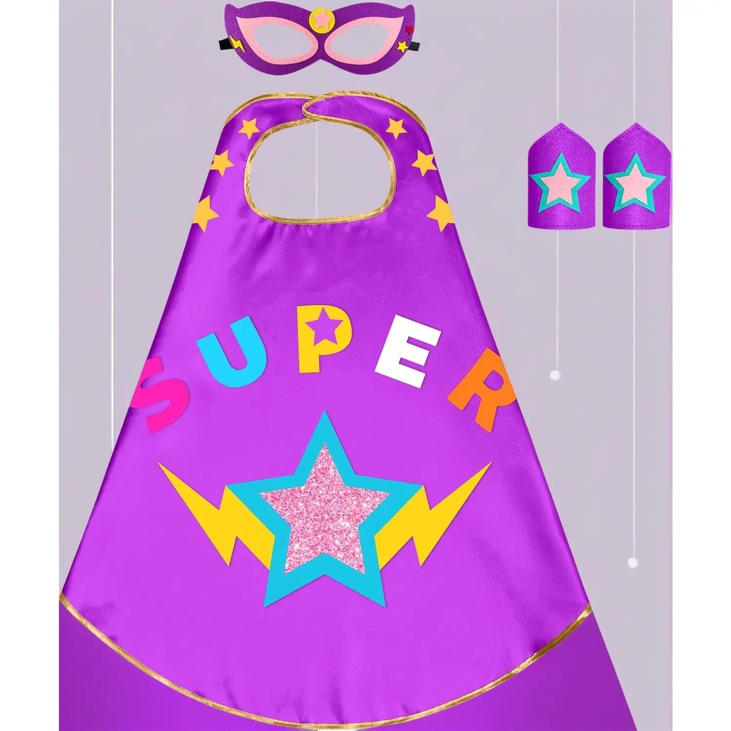 Children Size Star-Design Superhero Cape and Mask Costume Set with Accessory Parts, Kids Dress-Up Toy, Birthday Gift Ideas for Role Play Parties